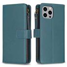 For iPhone 13 Pro 9 Card Slots Zipper Wallet Leather Flip Phone Case(Green) - 1
