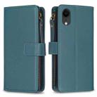 For iPhone XR 9 Card Slots Zipper Wallet Leather Flip Phone Case(Green) - 1