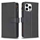 For iPhone 15 Pro 9 Card Slots Zipper Wallet Leather Flip Phone Case(Black) - 1