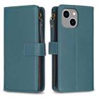For iPhone 15 Plus 9 Card Slots Zipper Wallet Leather Flip Phone Case(Green) - 1