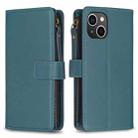 For iPhone 15 9 Card Slots Zipper Wallet Leather Flip Phone Case(Green) - 1