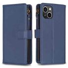 For iPhone 15 9 Card Slots Zipper Wallet Leather Flip Phone Case(Blue) - 1