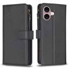 For iPhone 16 Plus 9 Card Slots Zipper Wallet Leather Flip Phone Case(Black) - 1