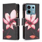 For Xiaomi Poco M6 Pro 4G Colored Drawing Pattern Zipper Leather Phone Case(Lotus) - 1