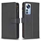 For Xiaomi 12 Pro 9 Card Slots Zipper Wallet Leather Flip Phone Case(Black) - 1