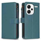 For Xiaomi Redmi Note 13 Pro+ 9 Card Slots Zipper Wallet Leather Flip Phone Case(Green) - 1