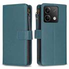 For Xiaomi Redmi Note 13 4G Global 9 Card Slots Zipper Wallet Leather Flip Phone Case(Green) - 1