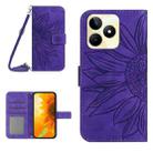 For Realme C53 Skin Feel Sun Flower Embossed Flip Leather Phone Case with Lanyard(Dark Purple) - 1
