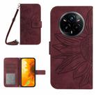 For Realme 14 Pro+ 5G Skin Feel Sun Flower Embossed Flip Leather Phone Case with Lanyard(Wine Red) - 1