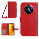 For Realme 13+ 5G Global Skin Feel Sun Flower Embossed Flip Leather Phone Case with Lanyard(Red) - 1