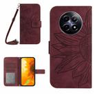 For Realme 13+ 5G Global Skin Feel Sun Flower Embossed Flip Leather Phone Case with Lanyard(Wine Red) - 1