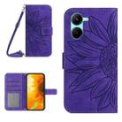 For vivo Y03 4G Skin Feel Sun Flower Embossed Flip Leather Phone Case with Lanyard(Dark Purple) - 1
