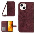 For iPhone 15 Skin Feel Sun Flower Embossed Flip Leather Phone Case with Lanyard(Wine Red) - 1