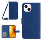 For iPhone 15 Plus Skin Feel Sun Flower Embossed Flip Leather Phone Case with Lanyard(Dark Blue) - 1
