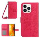 For iPhone 15 Pro Skin Feel Sun Flower Embossed Flip Leather Phone Case with Lanyard(Rose Red) - 1