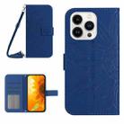For iPhone 15 Pro Max Skin Feel Sun Flower Embossed Flip Leather Phone Case with Lanyard(Dark Blue) - 1