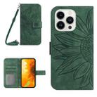 For iPhone 15 Pro Max Skin Feel Sun Flower Embossed Flip Leather Phone Case with Lanyard(Green) - 1