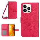 For iPhone 16 Pro Max Skin Feel Sun Flower Embossed Flip Leather Phone Case with Lanyard(Rose Red) - 1