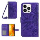 For iPhone 16 Pro Skin Feel Sun Flower Embossed Flip Leather Phone Case with Lanyard(Dark Purple) - 1