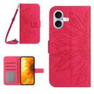 For iPhone 16 Plus Skin Feel Sun Flower Embossed Flip Leather Phone Case with Lanyard(Rose Red) - 1