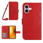 For iPhone 16 Skin Feel Sun Flower Embossed Flip Leather Phone Case with Lanyard(Red) - 1