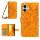 For iPhone 16 Skin Feel Sun Flower Embossed Flip Leather Phone Case with Lanyard(Yellow) - 1