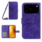 For iPhone 17 Pro Max Skin Feel Sun Flower Embossed Flip Leather Phone Case with Lanyard(Dark Purple) - 1
