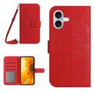 For iPhone 17 Skin Feel Sun Flower Embossed Flip Leather Phone Case with Lanyard(Red) - 1
