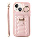 For iPhone 14 Vertical Card Bag Ring Holder Phone Case with Dual Lanyard(Rose Gold) - 1