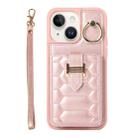 For iPhone 14 Plus Vertical Card Bag Ring Holder Phone Case with Dual Lanyard(Rose Gold) - 1
