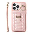 For iPhone 14 Pro Max Vertical Card Bag Ring Holder Phone Case with Dual Lanyard(Rose Gold) - 1