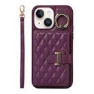 For iPhone 14 Horizontal Card Bag Ring Holder Phone Case with Dual Lanyard(Dark Purple) - 1