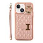 For iPhone 14 Horizontal Card Bag Ring Holder Phone Case with Dual Lanyard(Rose Gold) - 1