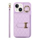 For iPhone 14 Horizontal Card Bag Ring Holder Phone Case with Dual Lanyard(Purple) - 1