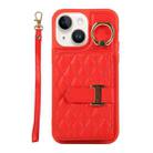 For iPhone 14 Plus Horizontal Card Bag Ring Holder Phone Case with Dual Lanyard(Red) - 1