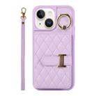 For iPhone 14 Plus Horizontal Card Bag Ring Holder Phone Case with Dual Lanyard(Purple) - 1