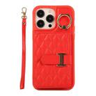 For iPhone 14 Pro Horizontal Card Bag Ring Holder Phone Case with Dual Lanyard(Red) - 1