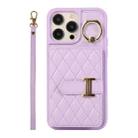 For iPhone 14 Pro Horizontal Card Bag Ring Holder Phone Case with Dual Lanyard(Purple) - 1