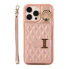 For iPhone 14 Pro Max Horizontal Card Bag Ring Holder Phone Case with Dual Lanyard(Rose Gold) - 1