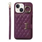 For iPhone 13 Horizontal Card Bag Ring Holder Phone Case with Dual Lanyard(Dark Purple) - 1
