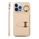 For iPhone 13 Pro Horizontal Card Bag Ring Holder Phone Case with Dual Lanyard(Beige) - 1