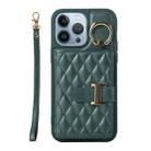 For iPhone 13 Pro Horizontal Card Bag Ring Holder Phone Case with Dual Lanyard(Dark Green) - 1