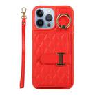 For iPhone 13 Pro Horizontal Card Bag Ring Holder Phone Case with Dual Lanyard(Red) - 1