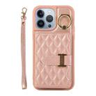For iPhone 13 Pro Horizontal Card Bag Ring Holder Phone Case with Dual Lanyard(Rose Gold) - 1