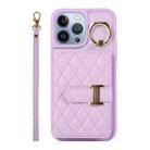 For iPhone 13 Pro Horizontal Card Bag Ring Holder Phone Case with Dual Lanyard(Purple) - 1