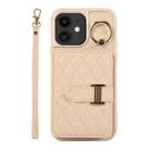 For iPhone 12 Horizontal Card Bag Ring Holder Phone Case with Dual Lanyard(Beige) - 1