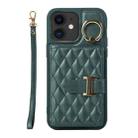 For iPhone 12 Horizontal Card Bag Ring Holder Phone Case with Dual Lanyard(Dark Green) - 1