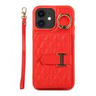 For iPhone 12 Horizontal Card Bag Ring Holder Phone Case with Dual Lanyard(Red) - 1