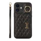 For iPhone 12 Horizontal Card Bag Ring Holder Phone Case with Dual Lanyard(Black) - 1