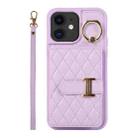 For iPhone 12 Horizontal Card Bag Ring Holder Phone Case with Dual Lanyard(Purple) - 1